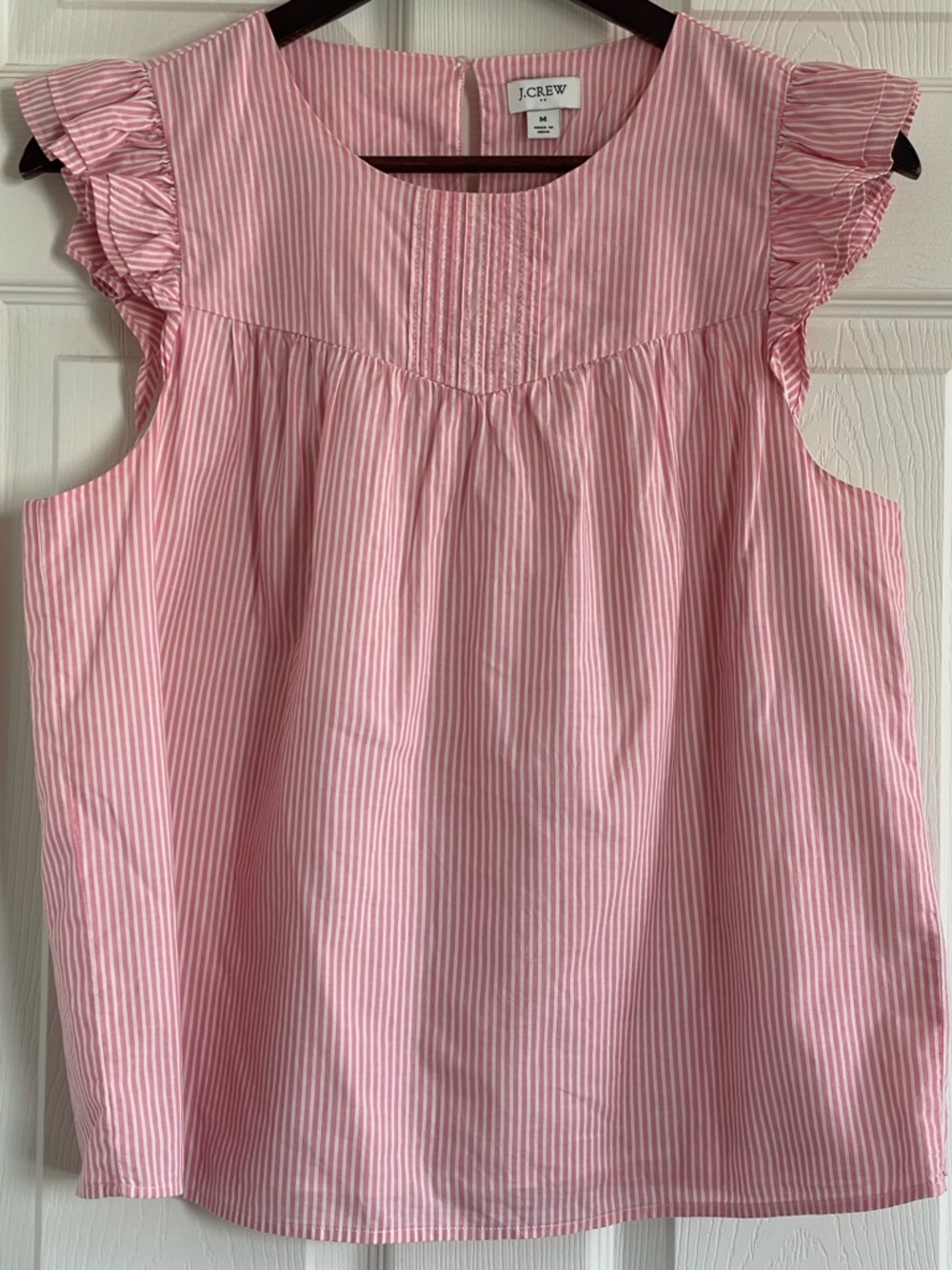 J.Crew Pink White Stripe Cotton Top Ruffle Sleeve Pintuck Blouse Size M
